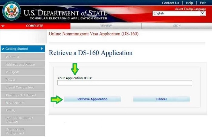 Página Inicial US GOV - Retrieve Application - DS-160 - 02