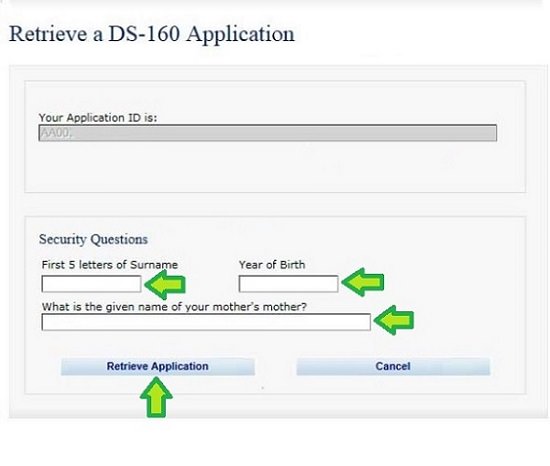 Página Inicial US GOV - Retrieve Application - DS-160 - 03
